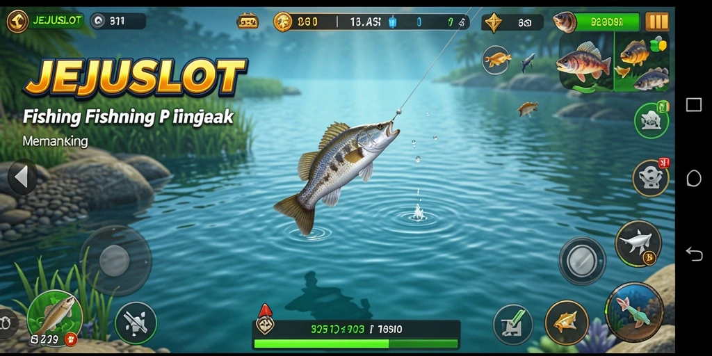 Tampilan grafis JEJUSLOT saat menangkap ikan yang mendebarkan.