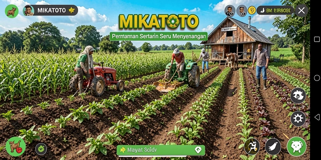 Screenshot utama MIKATOTO menampilkan petani yang sedang merawat tanaman di ladang.
