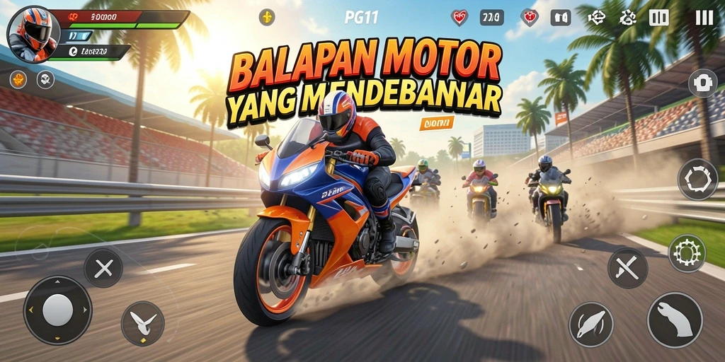Tampilan gameplay PG11 yang seru dan mendebarkan saat balapan motor.