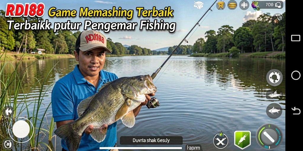 Screenshot RDI88 menampilkan pemain sedang memancing di laut dengan latar belakang yang indah.